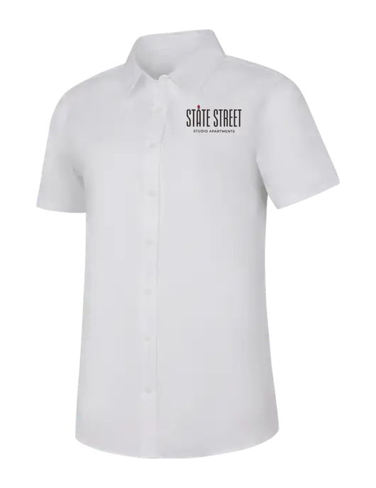 Womens White Short Sleeve Superpro React Twill Shirt w/State Street Studio Apts Logo