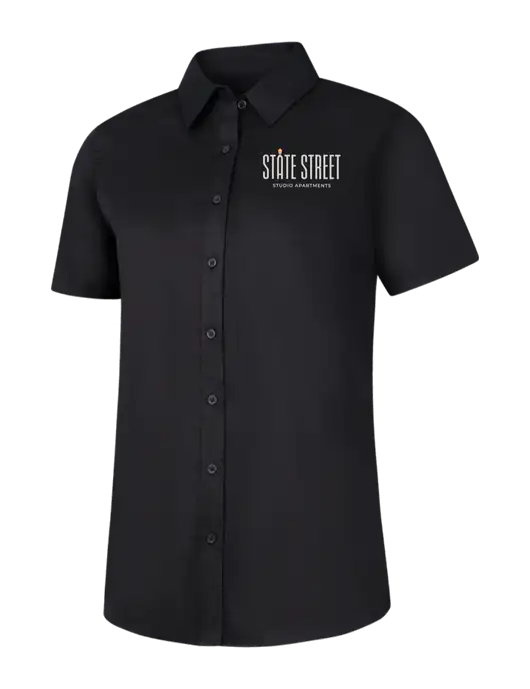 Womens Black Short Sleeve Superpro React Twill Shirt w/State Street Studio Apts Logo