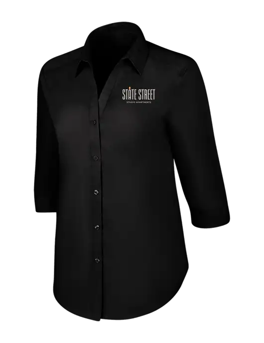Womens Black 3/4 Sleeve Carefree Poplin Shirt w/State Street Studio Apts Logo