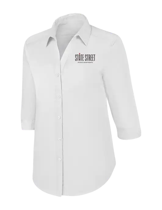 Womens White 3/4 Sleeve Carefree Poplin Shirt w/State Street Studio Apts Logo