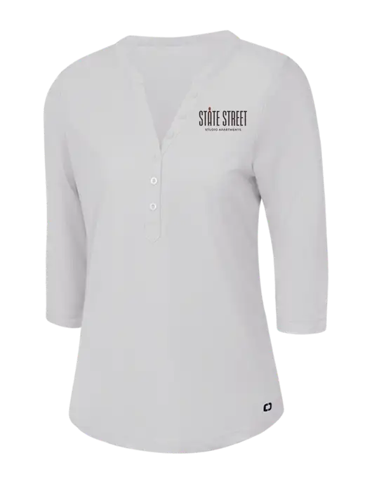 OGIO Bright White Jewel Henley w/State Street Studio Apts Logo