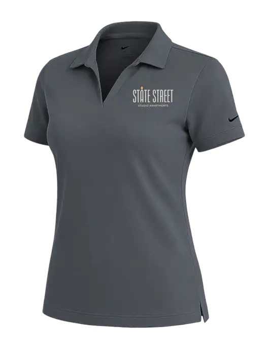 NIKE Dark Grey Womens Dri-Fit Micro Pique Polo w/State Street Studio Apts Logo