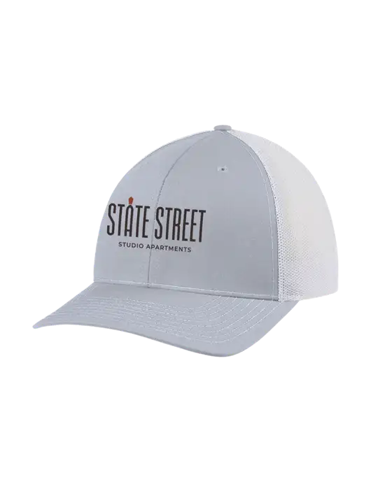 Richardson Adjustable Snapback Original 112 Trucker Cap Light Heather Grey w/White Mesh w/State Street Studio Apts Logo