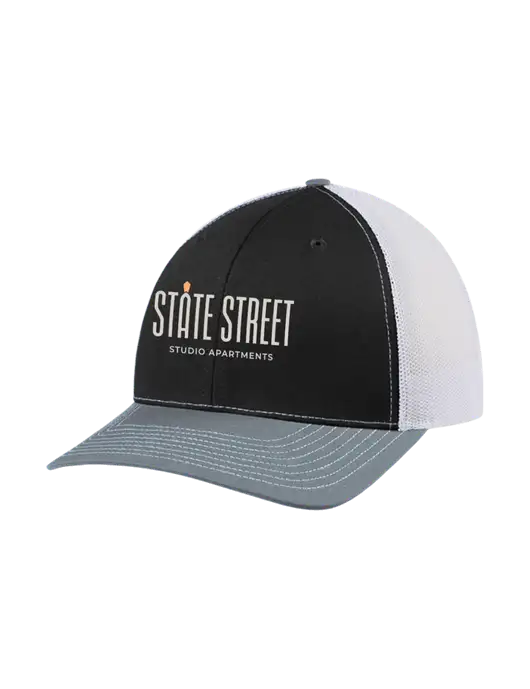 Richardson Adjustable Snapback Original 112 Trucker Cap Black/Light Heather Grey/White Mesh w/State Street Studio Apts Logo