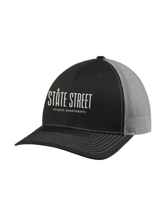 Richardson Adjustable Snapback Original 112 Trucker Cap Black w/Charcoal Mesh w/State Street Studio Apts Logo