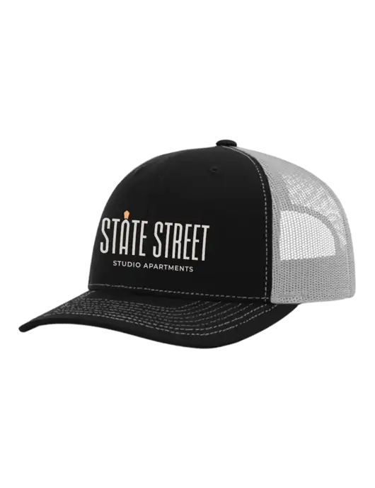 Richardson Adjustable Snapback Original 112 Trucker Cap Black w/White Mesh w/State Street Studio Apts Logo