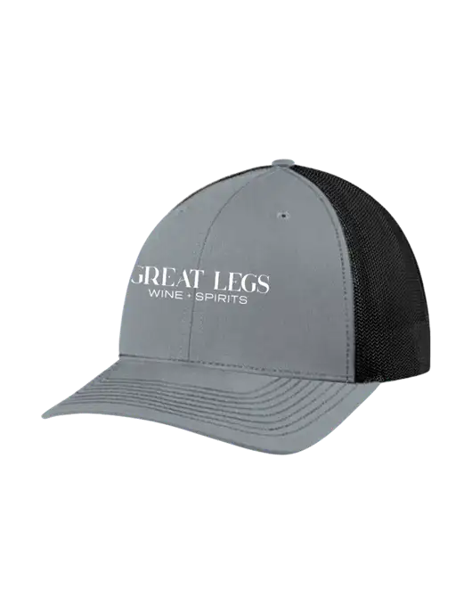 Richardson Adjustable Snapback Original 112 Trucker Cap Heather Grey w/Black Mesh w/Great Legs Wine + Spirits Logo