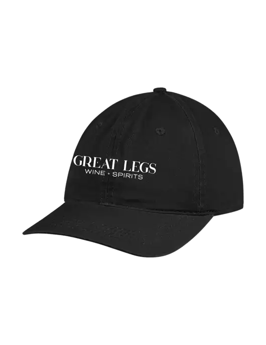 Garment Washed Unstructured Twill Black Cap w/Great Legs Wine + Spirits Logo