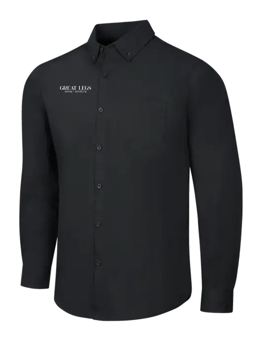 Black Long Sleeve Carefree Poplin Shirt w/Great Legs Wine + Spirits Logo