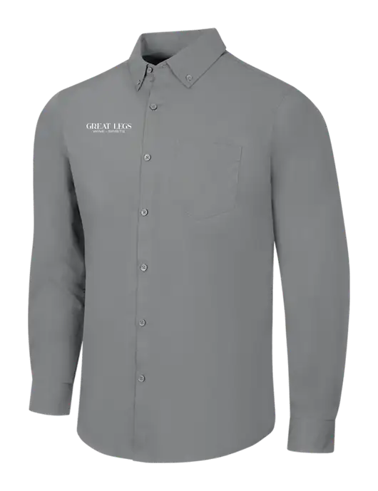 Medium Grey Long Sleeve Carefree Poplin Shirt w/Great Legs Wine + Spirits Logo