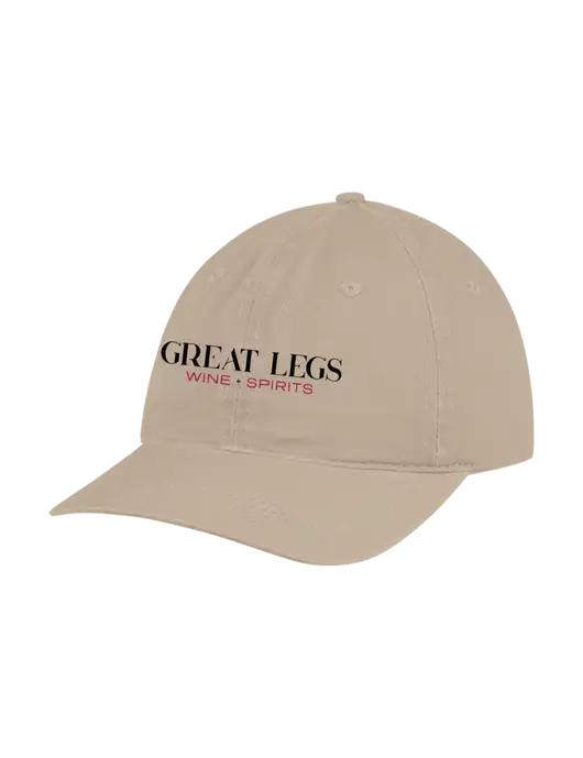 Garment Washed Unstructured Twill Tan Cap w/Great Legs Wine + Spirits Logo