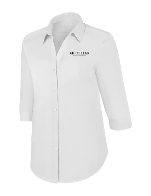 Womens White 3/4 Sleeve Carefree Poplin Shirt w/Great Legs Wine + Spirits Logo