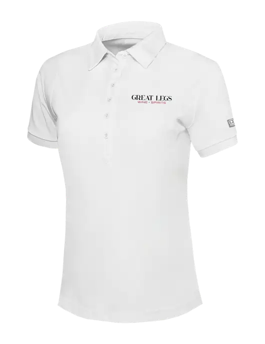 OGIO Womens Bright White Jewel Polo w/Great Legs Wine + Spirits Logo
