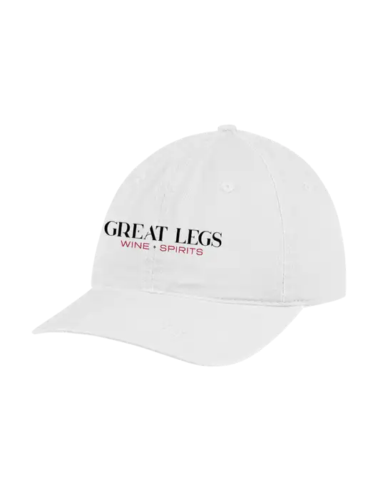 Garment Washed Unstructured Twill White Cap w/Great Legs Wine + Spirits Logo