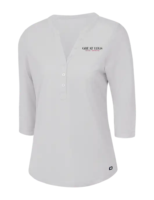 OGIO Bright White Jewel Henley w/Great Legs Wine + Spirits Logo