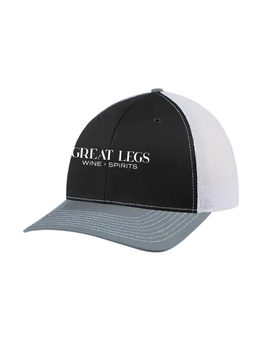 Richardson Adjustable Snapback Original 112 Trucker Cap Black/Light Heather Grey/White Mesh w/Great Legs Wine + Spirits Logo