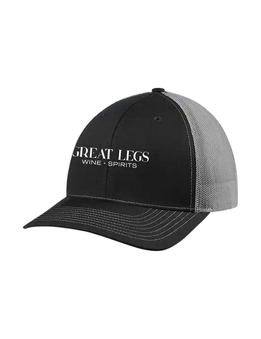 Richardson Adjustable Snapback Original 112 Trucker Cap Black w/Charcoal Mesh w/Great Legs Wine + Spirits Logo