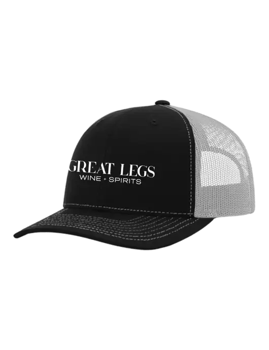 Richardson Adjustable Snapback Original 112 Trucker Cap Black w/White Mesh w/Great Legs Wine + Spirits Logo