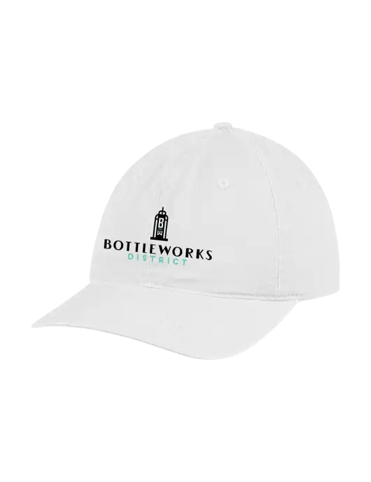 Garment Washed Unstructured Twill White Cap w/Bottleworks District Logo