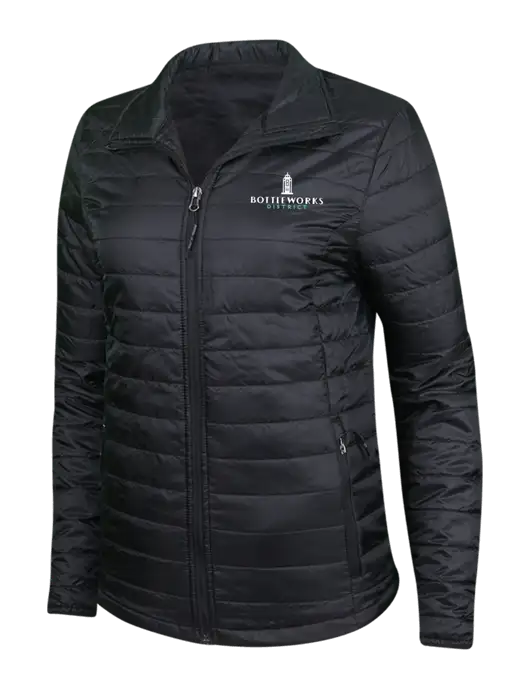 Womens Black Puffy Packable Jacket w/Bottleworks District Logo