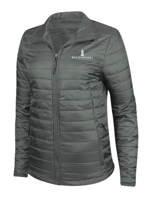 Dark Grey Womens Puffy Packable Jacket w/Bottleworks District Logo