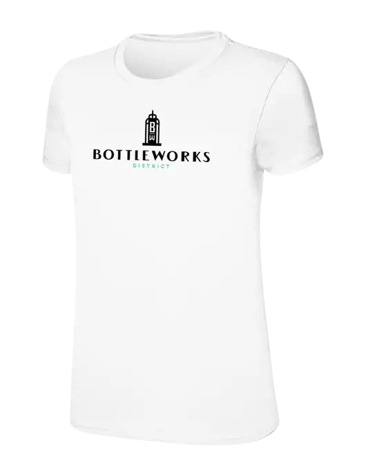 Womens Ring Spun White 4.5 oz T-Shirt w/Bottleworks District Logo