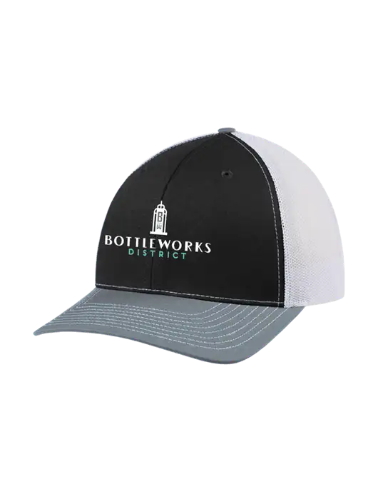 Richardson Adjustable Snapback Original 112 Trucker Cap Black/Light Heather Grey/White Mesh w/Bottleworks District Logo