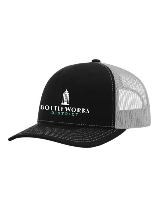 Richardson Adjustable Snapback Original 112 Trucker Cap Black w/White Mesh w/Bottleworks District Logo