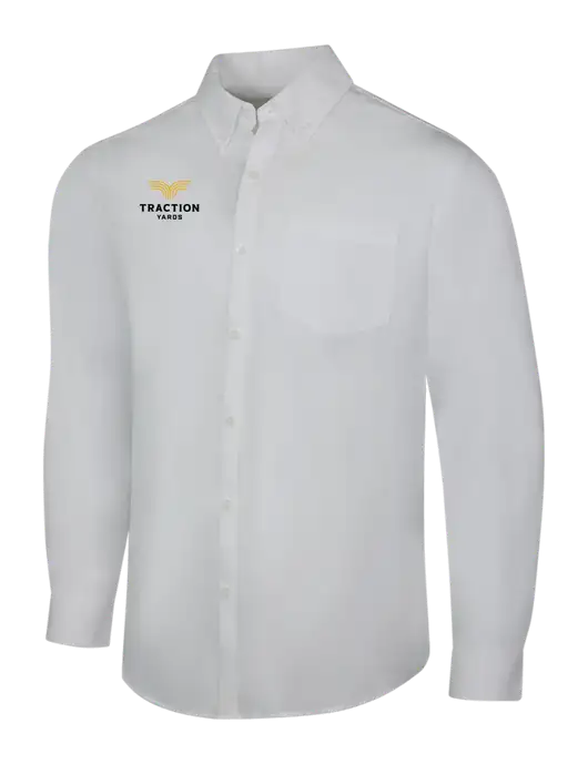 White Long Sleeve Carefree Poplin Shirt w/Traction Yards Logo