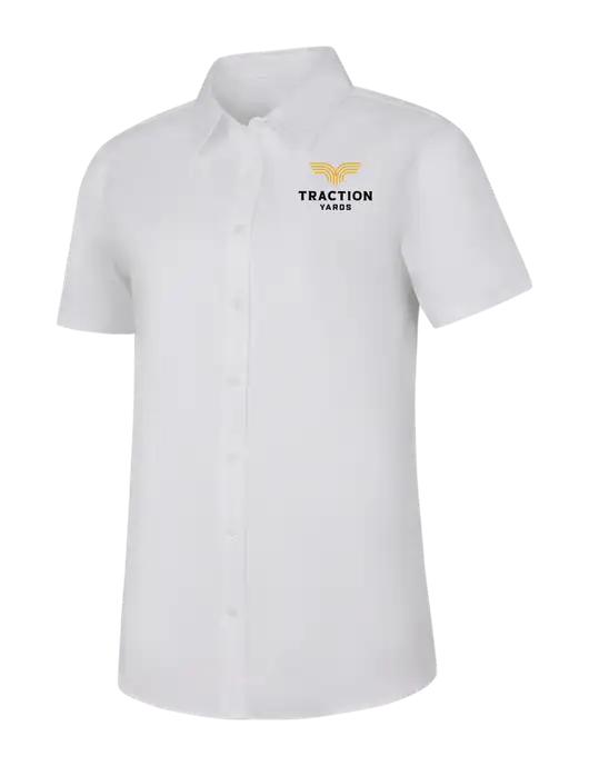 Womens White Short Sleeve Superpro React Twill Shirt w/Traction Yards Logo