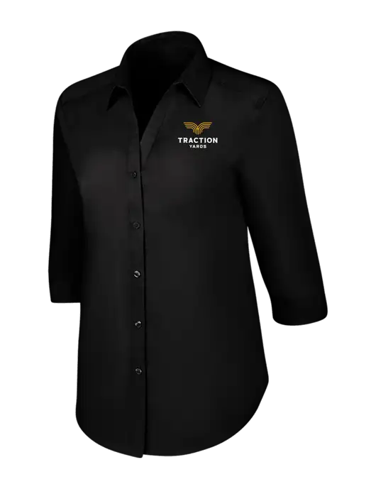 Womens Black 3/4 Sleeve Carefree Poplin Shirt w/Traction Yards Logo