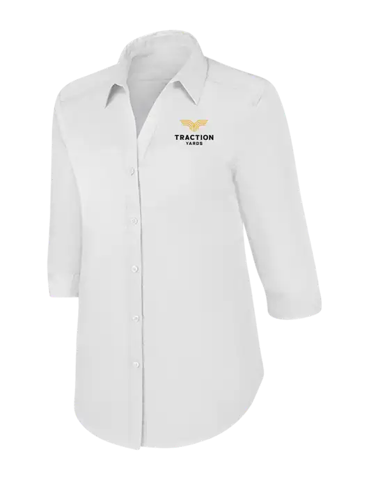 Womens White 3/4 Sleeve Carefree Poplin Shirt w/Traction Yards Logo