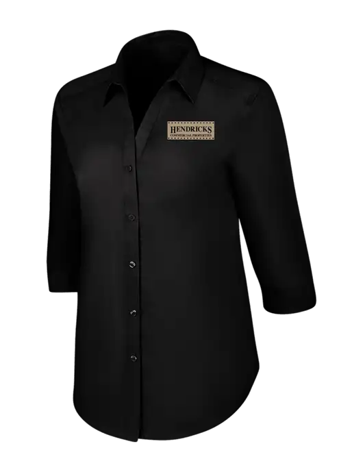Womens Black 3/4 Sleeve Carefree Poplin Shirt w/Hendricks Commercial Properties Logo