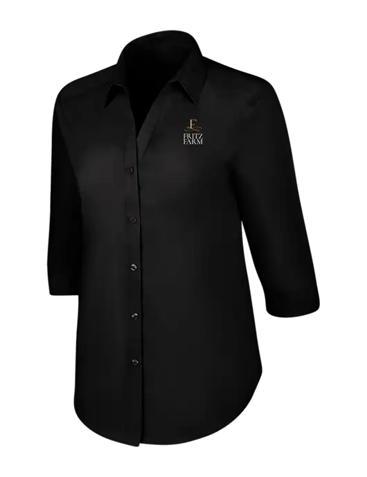 Womens Black 3/4 Sleeve Carefree Poplin Shirt w/Fritz Farm Logo