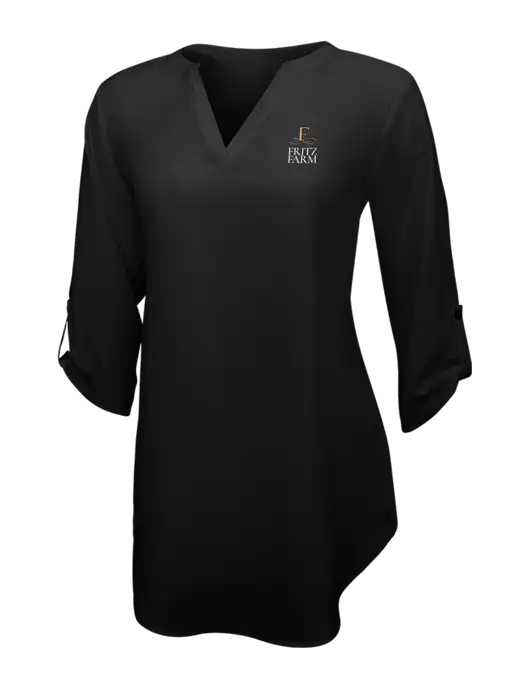 Womens Black 3/4 Sleeve Tunic Blouse w/Fritz Farm Logo
