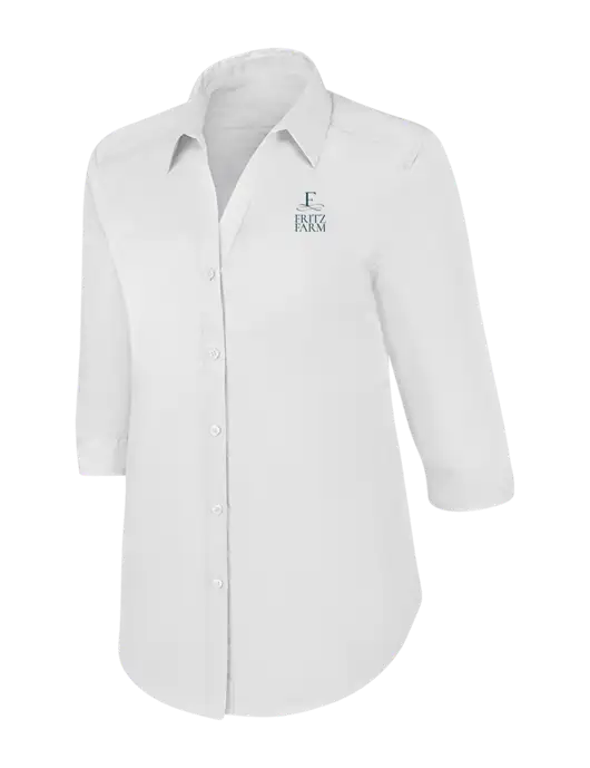Womens White 3/4 Sleeve Carefree Poplin Shirt w/Fritz Farm Logo