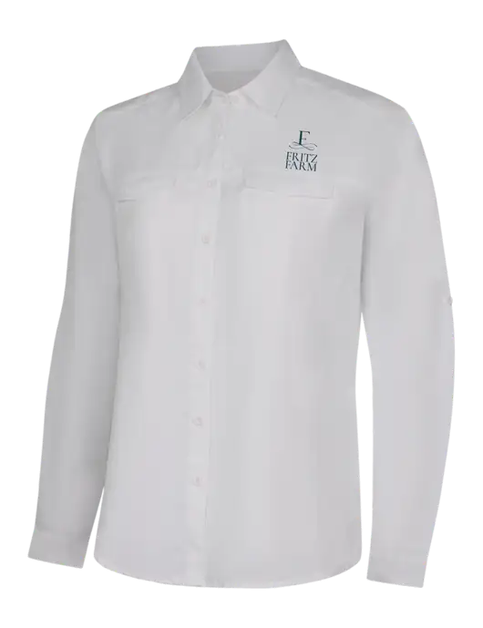 Womens White Long Sleeve UV Daybreak Shirt w/Fritz Farm Logo
