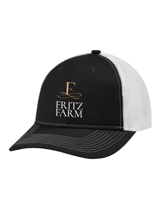 Snapback Ponytail Trucker Cap Black w/White Mesh w/Fritz Farm Logo