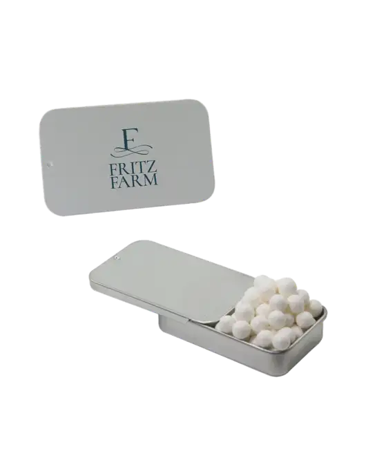 Signature Peppermints In Silver Slider Tin w/Fritz Farm Logo