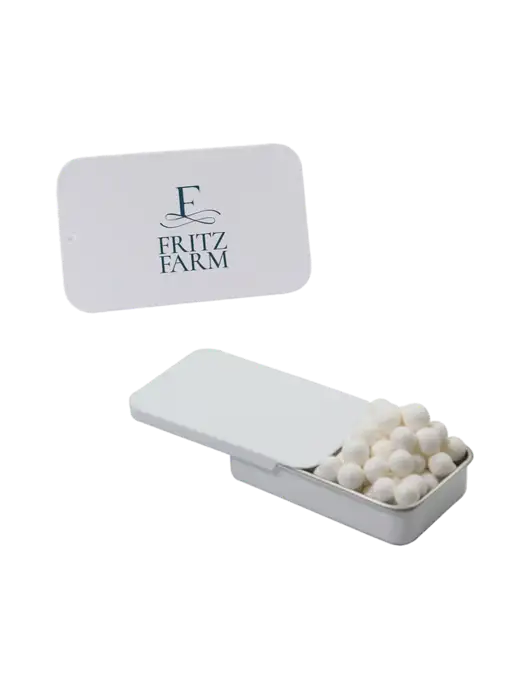 Signature Peppermints In White Slider Tin w/Fritz Farm Logo