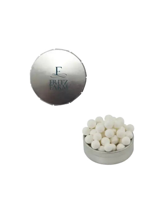 Signature Peppermints In Silver Snap Top Tin  w/Fritz Farm Logo