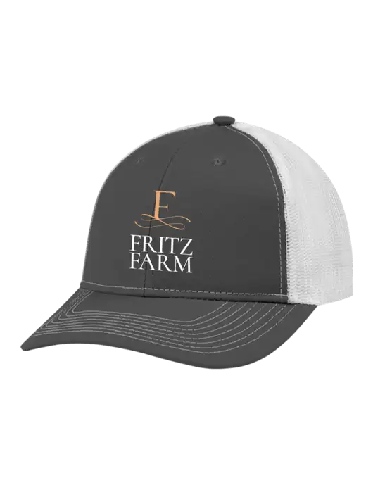 Snapback Ponytail Trucker Cap Dark Grey w/White Mesh w/Fritz Farm Logo