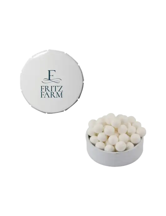 Signature Peppermints In White Snap Top Tin  w/Fritz Farm Logo