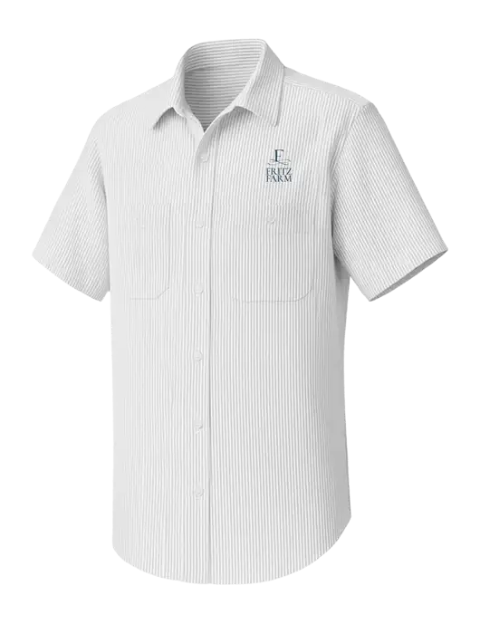 Red Kap Short Sleeve Striped Grey/White Industrial Work Shirt w/Fritz Farm Logo