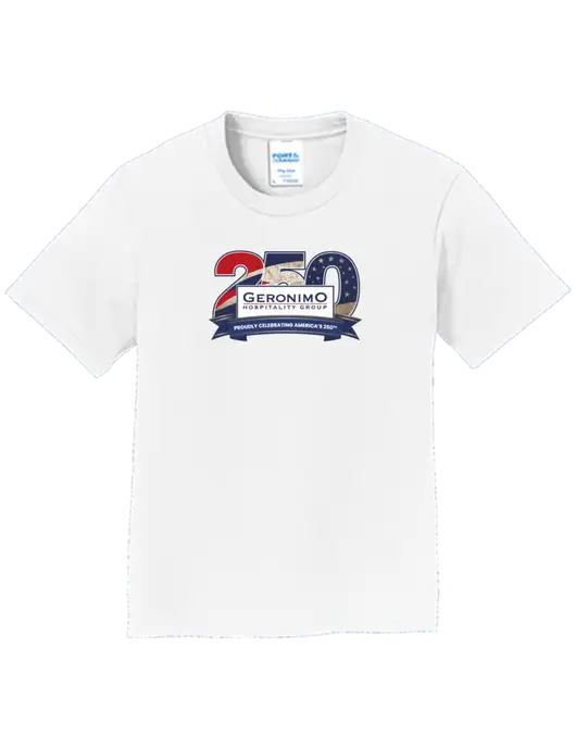 Youth Ring Spun White 4.5 oz T-Shirt w/Geronimo 250th Logo