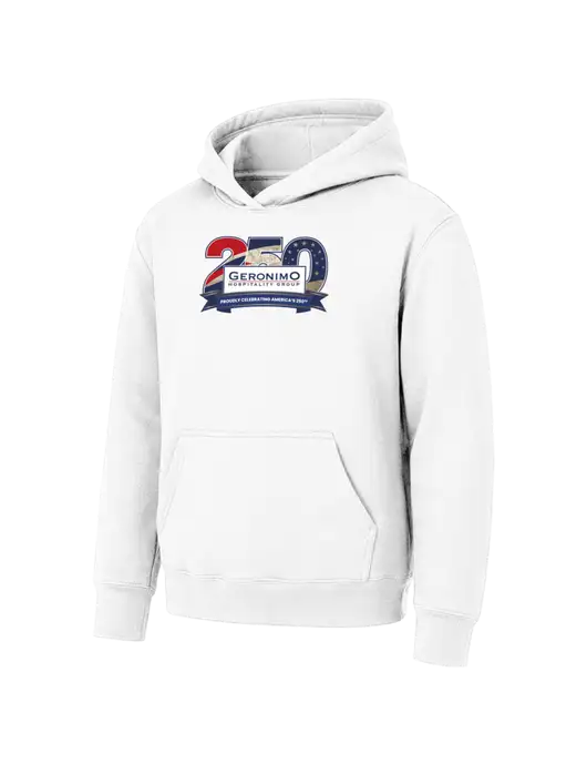 Youth White 7.8 oz Pullover Hooded Sweatshirt w/Geronimo 250th Logo