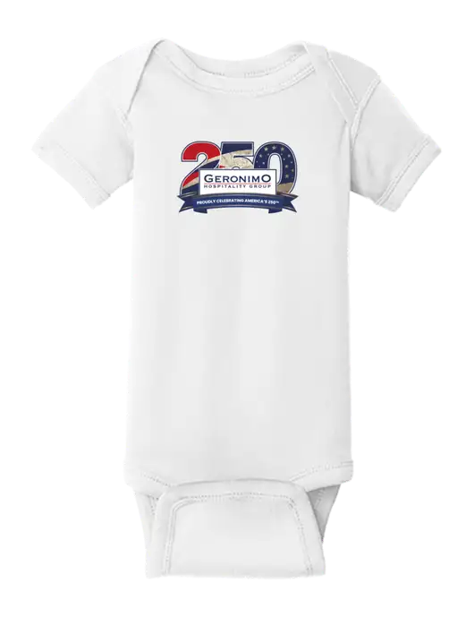 Rabbit Skins White Infant Short Sleeve Baby Rib Bodysuit w/Geronimo 250th Logo