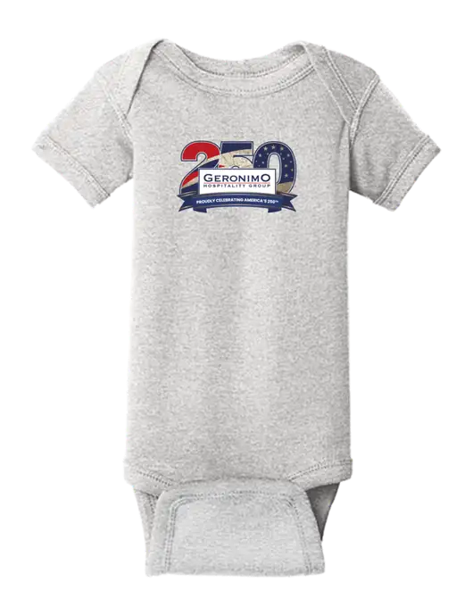 Rabbit Skins Light Grey Heather Infant Short Sleeve Baby Rib Bodysuit w/Geronimo 250th Logo