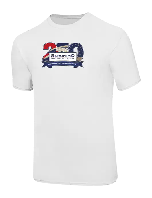 Ring Spun White 4.5 oz T-Shirt w/Geronimo 250th Logo