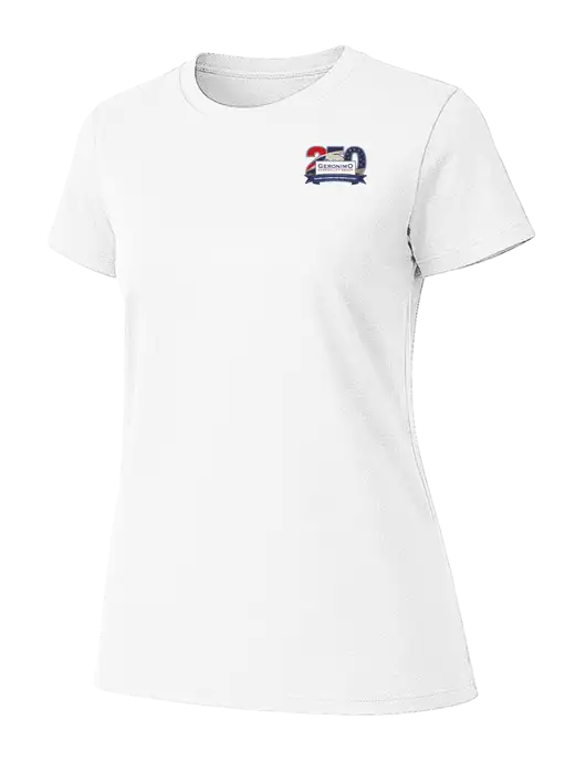 Womens Ring Spun White 4.5 oz T-Shirt w/Geronimo 250th Logo